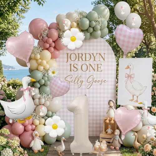One Silly Goose Balloon Arch Kit for Baby Girl First Birthday Decorations Silly Goose Gingham Birthday with Goose Balloons Pink Sage Green Balloon Garland Farm Animal Birthday Party Supplies