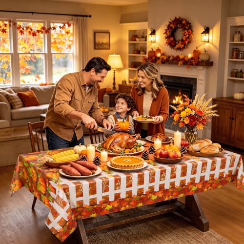 Image of Kochorie 100 Ft x 54 Inch Fall Pumpkin Patch Party Tablecloth Roll with Cutter Box Waterproof Plastic Pumpkin Maple Leaf Backdrop Table Cover for Autumn Thanksgiving Party Decor