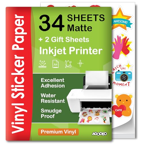 Premium Printable Vinyl Sticker Paper for Inkjet Printer - 34 Sheets Self-Adhesive Sheets Matte White Water-Resistant, Dries Quickly Vivid Colors, Holds Ink Well - Tear Resistant