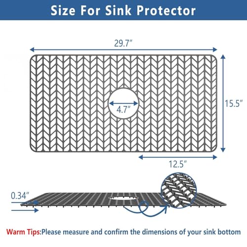 Image of AWOKE Large Silicone Sink Protectors for Kitchen Sink, 30 inch x 16 inch Center Drain Hole, Sink Mat for Bottom of Farmhouse Kitchen Stainless Steel Sinks, Raised Feet /Heat Resistant /Non-slip (Gray)