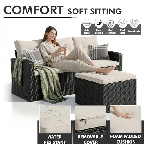 Image of OUTLIVING 6 Piece Outdoor Conversation Set | All Weather Wicker Sectional Sofa with Cushioned Ottoman and Glass Top Table | Ideal for Garden, Deck, Porch, Patio and Poolside (Black & White)