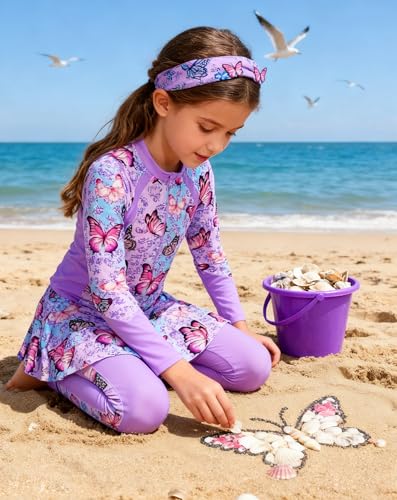 Image of Girls Long Sleeve Rashguard Half Zip Swimsuits UPF 50+ Two Piece Swim Sets with Hairband 5-12Y | Two Piece Swim Sets with Hairband
