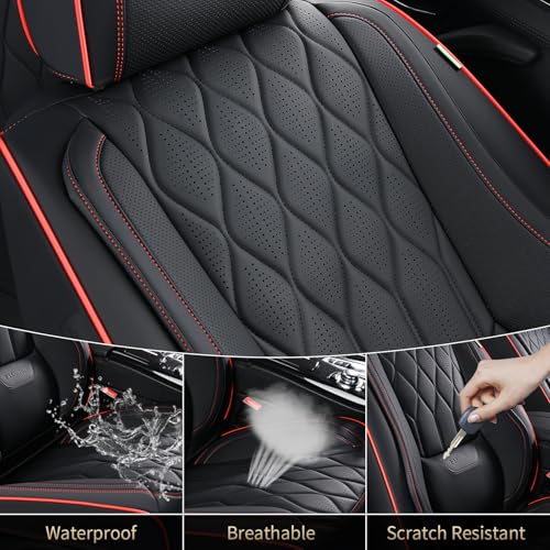 Image of FLORICH Seat Covers Car Seat Covers Full Set Leather Seat Cover Front and Rear Luxury Waterproof Non-Slip Seat Protector Cushion Universal Fit for Most Cars Sedans Trucks SUV, Black&Red Line