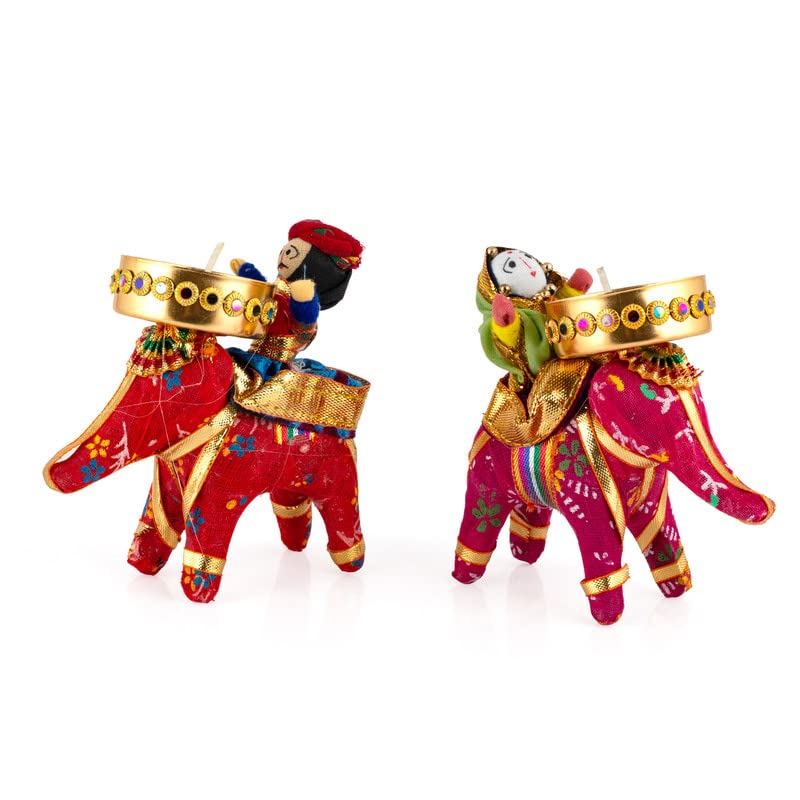 Image of JH Gallery Tealight Candle Holder - Handmade Recycled Material Elephant Rider Rajasthani Dolls for Diwali Home Decor, Multicolor- Home Decoration Items for Living Room, Ganesh Decoration, (1 Pair)