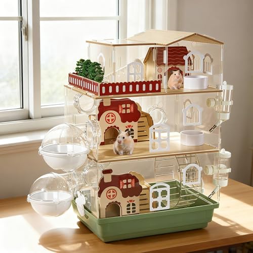 Gabbia per criceti in acrilico 17 in 1, design da giardino, 35 × 26 × 52 cm, trasparente, a più piani, con villa in legno, girante, tunnel, borraccia, vasca da bagno e accessori da gioco (3 livelli)