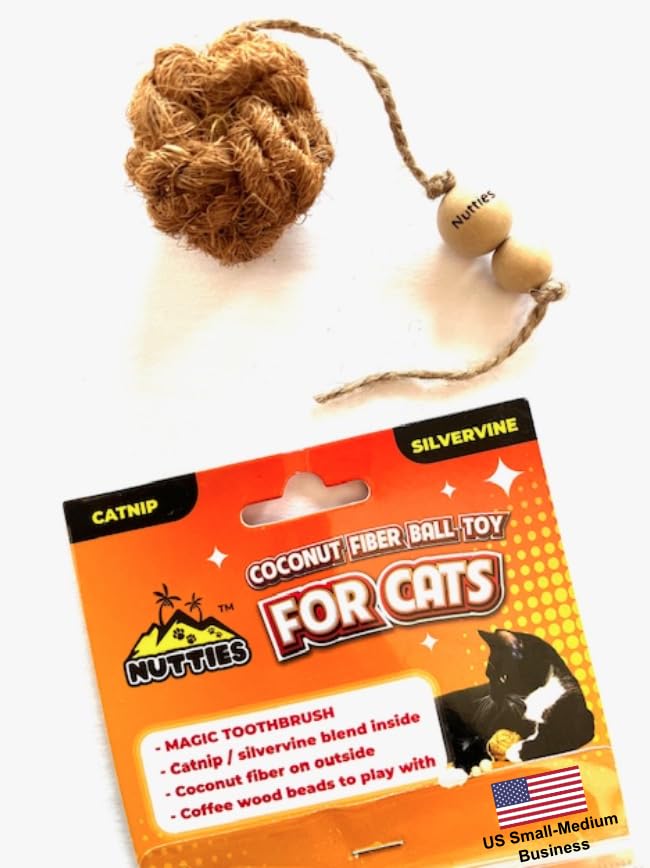 Nutties for Cats - Natural Coconut Fiber Ball Toy and Magic Toothbrush (with Catnip and Silvervine Inside)