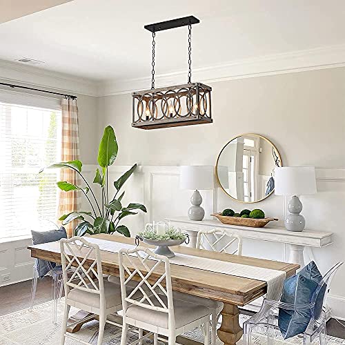 PHILOMENA Antique Wood Farmhouse Chandelier, 3-Light Rustic Bronze Cage Rectangular Dining Room Light Fixtures Over Table, Rectangle Linear Foyer Pendant Lamp Ceiling Hanging - Image 9
