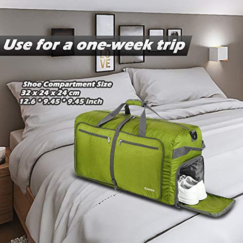 Gonex 100L Large Foldable Travel Duffle Bag with Shoes Compartment, Packable Lightweight Water Repellent Duffel Bag for Camping Gym Weekender Bag Yellowish green