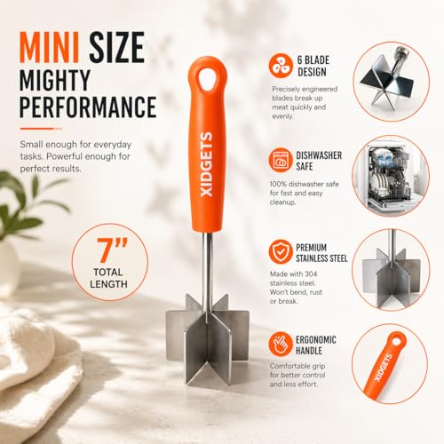Image of Stainless Steel Mini Meat Chopper & Cocktail Muddler| 6-Blade Chopper Tool | Small Smasher | Compact Ergonomic Handle | Dishwasher Safe - 7 inch (Retro Orange Mini)