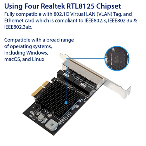 Image of IO CREST Quad 2.5 Gigabit Ethernet PCI Express PCI-E Network Interface Card 10 /100 /1000 /25000 Mbps RJ45 LAN Realtek RTL8125 Chipset, Black (SI-PEX24077)