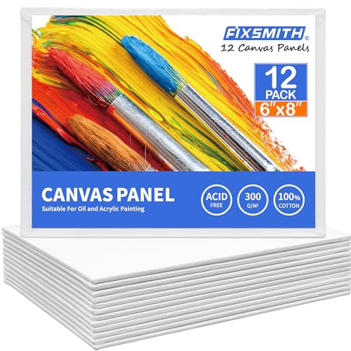 Image of FIXSMITH Painting Canvas Panels - 6 x8 Inch Canvas Board Super Value 12 Pack Canvases,100% Cotton,Primed Canvas Panel,Acid Free,Artist Canvas Boards for Professionals,Hobby Painters,Students & Kids.