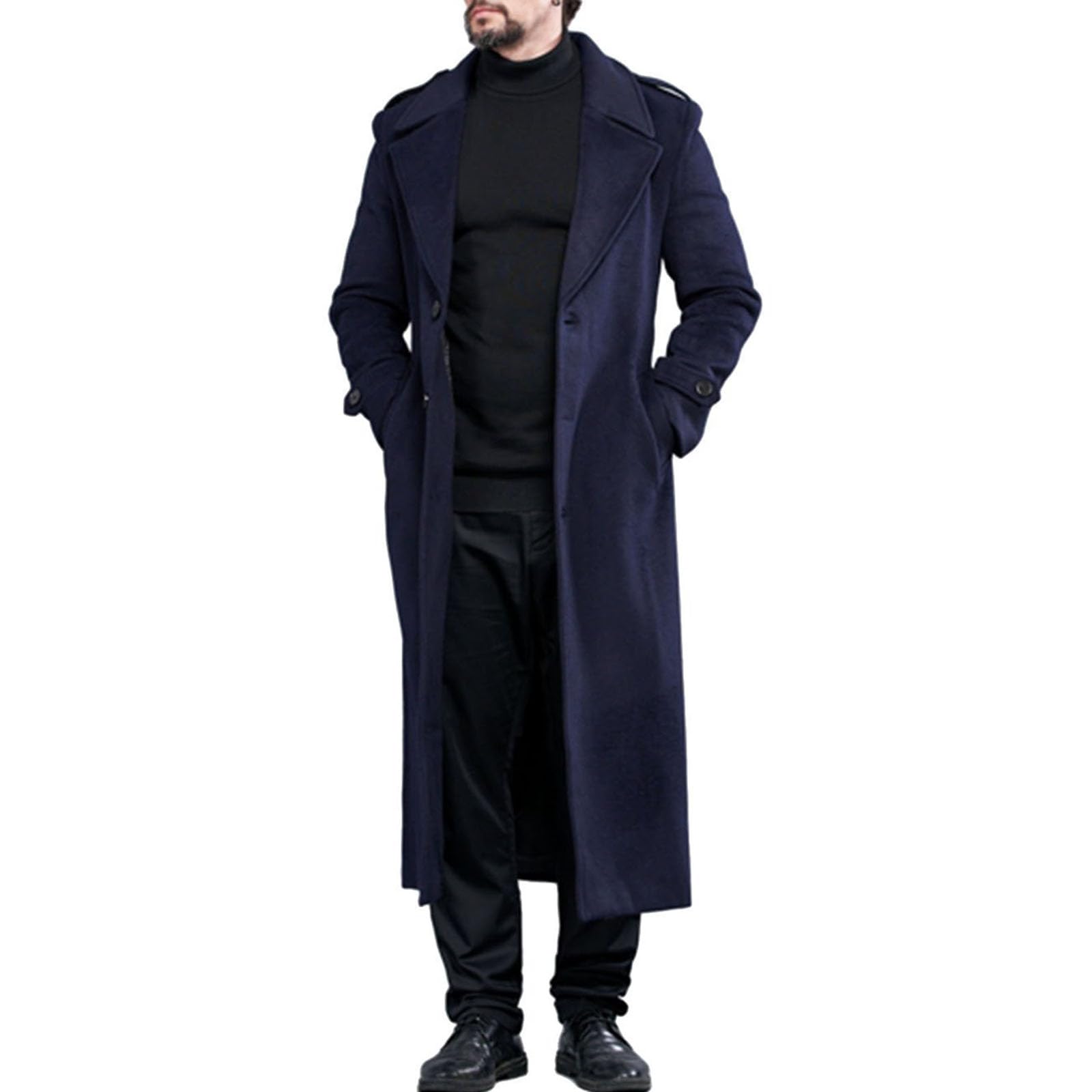 Trench Lungo da Uomo in Misto Lana, Monopetto, con Collo A Tacca, Stile Business, con Cintura,Dark Blue,L