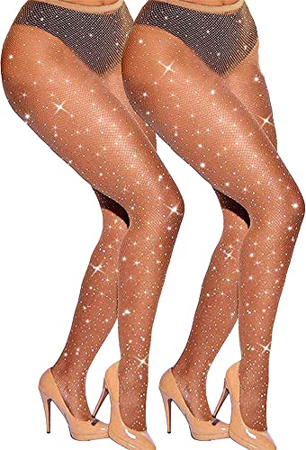 VEBZIN 2 Pair Nude Sparkly Fishnets Rhinestone Party Fishnet Leggings Stockings Glitter Skin Colored Tights High Waist Pantyhose Sexy Christmas Costumes For Women
