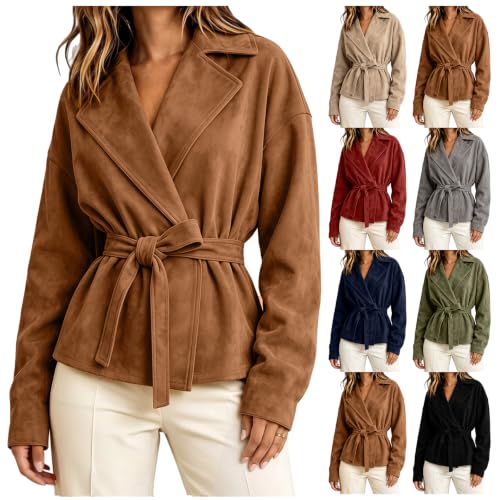 Rianclud Womens Faux Suede Cropped Jackets Lapel Tie Waist Short Coat - image 1