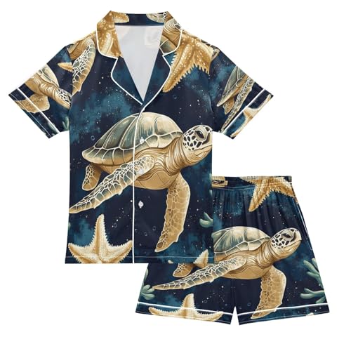 Satin Pajama Sets Short Sleeve Sea Turtle Starfish Pattern Button Down Silky Nightwear 2 Piece PJS 5-14Y