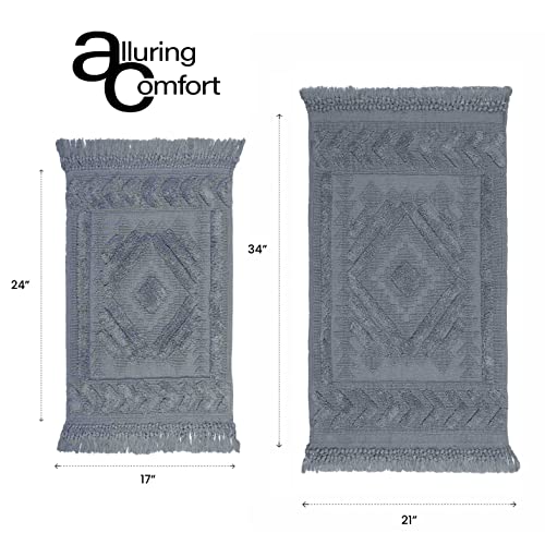 Alluring Comfort Grey Cotton Bathroom Rug, Set Of 2 Rectangle Double Knotted Fringes Bath Rugs. High Water Absorbent Quick Dry Bath Mat Includes 1(17”X24”) + 1(21”X34”) #TOP2