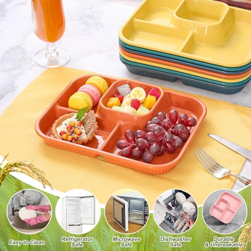 Pinkunn 8 Pcs 10'' Divided Plates Unbreakable Wheat Straw Dinnerware Lunch Trays Lightweight Reusable Plastic Compartment Microwave Dishwasher Safe Separator Plates(Orange, Yellow, Green, Blue)
