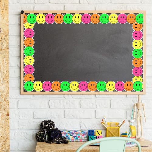 Image of Whaline 32.8ft Neon Happy Face Bulletin Board Border Bright Color Smile Face Die-Cut Border Trim for Back to School Chalkboard Wall Decoration