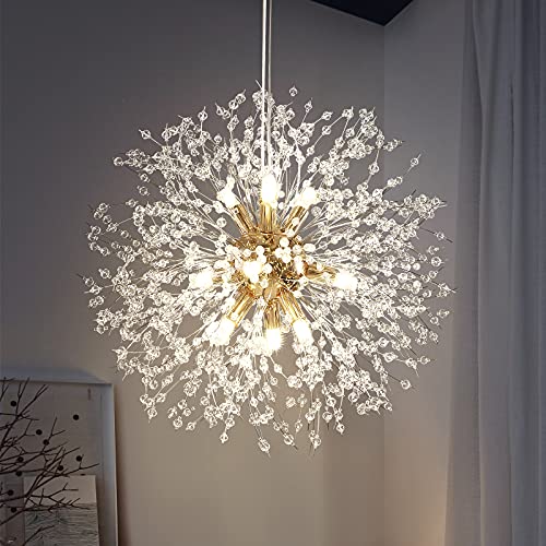 Lingkai Modern Crystal Chandeliers Firework Dandelion Sputnik Pendant Lighting Fixture 9-Light Gold Hanging Light for Dining Room Bedroom Kitchen Island Living Room