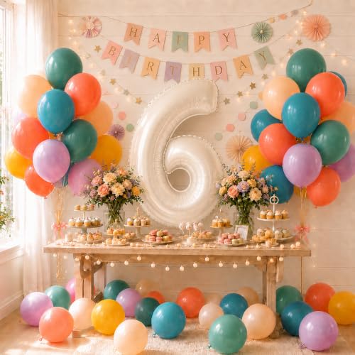 Image of 40 Inch Boho Rainbow Number 6 Balloon Tower for 6th Birthday Decorations
