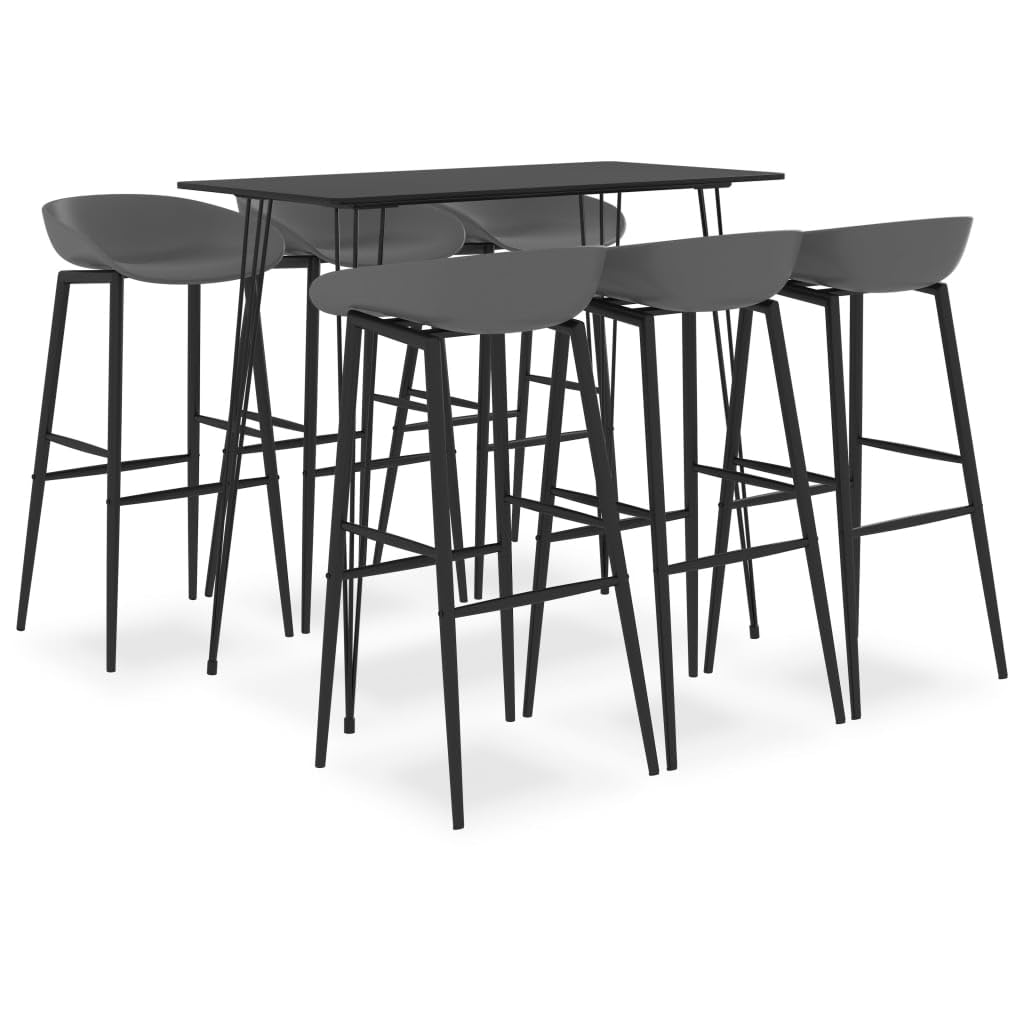 7-częściowy zestaw barowy, czarno-szary, z blatem z płyty MDF, metalowa rama 120 x 60 x 105 cm i 6 ergonomicznych stołków barowych do jadalni, kuchni, salonu, dla rodziny, gości