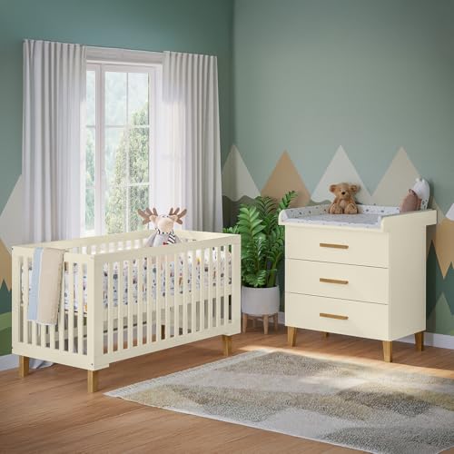 Bellabino Liri Kinderzimmer Set – 2-teiliges Babyzimmer Set mit Babybett & Wickelkommode in Beige/Natur –Wickeltisch mit abnehmbaren Wickelaufsatz...