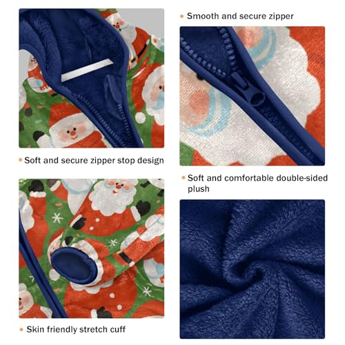 Santa Claus Pattern on Green Toddler Fleece Jacket Girl Boys Hooded Fleece Jacket Coat Warm Outwear Zip-up 3-10T3