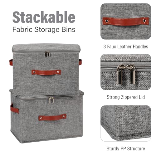 Image of 3PCS Storage Bins Boxes with Zippered Lids Cotton Linen Fabric Decorative Basket PU Leather Handles PP Plastic Board Foldable Lidded Clothing Shelf Closet Organizer Container (Gray, Large)
