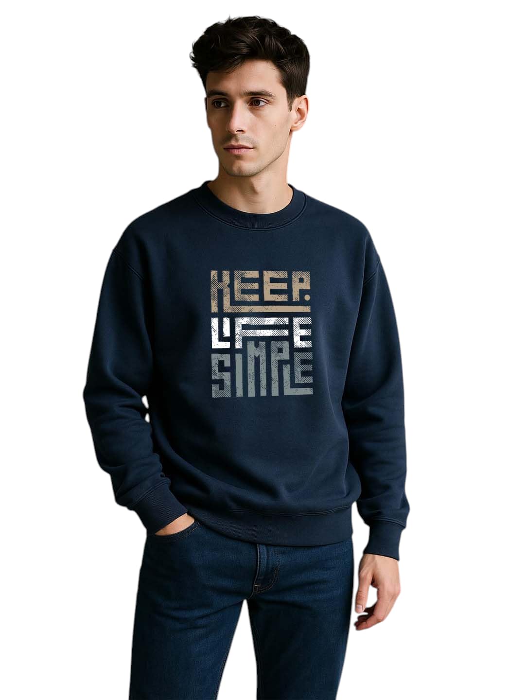 organic chics Keep Life Simple Graphic Sweatshirt, Navy Blue Cotton Blend, Casual Crew Neck Pullover with Motivational Print-picture-11