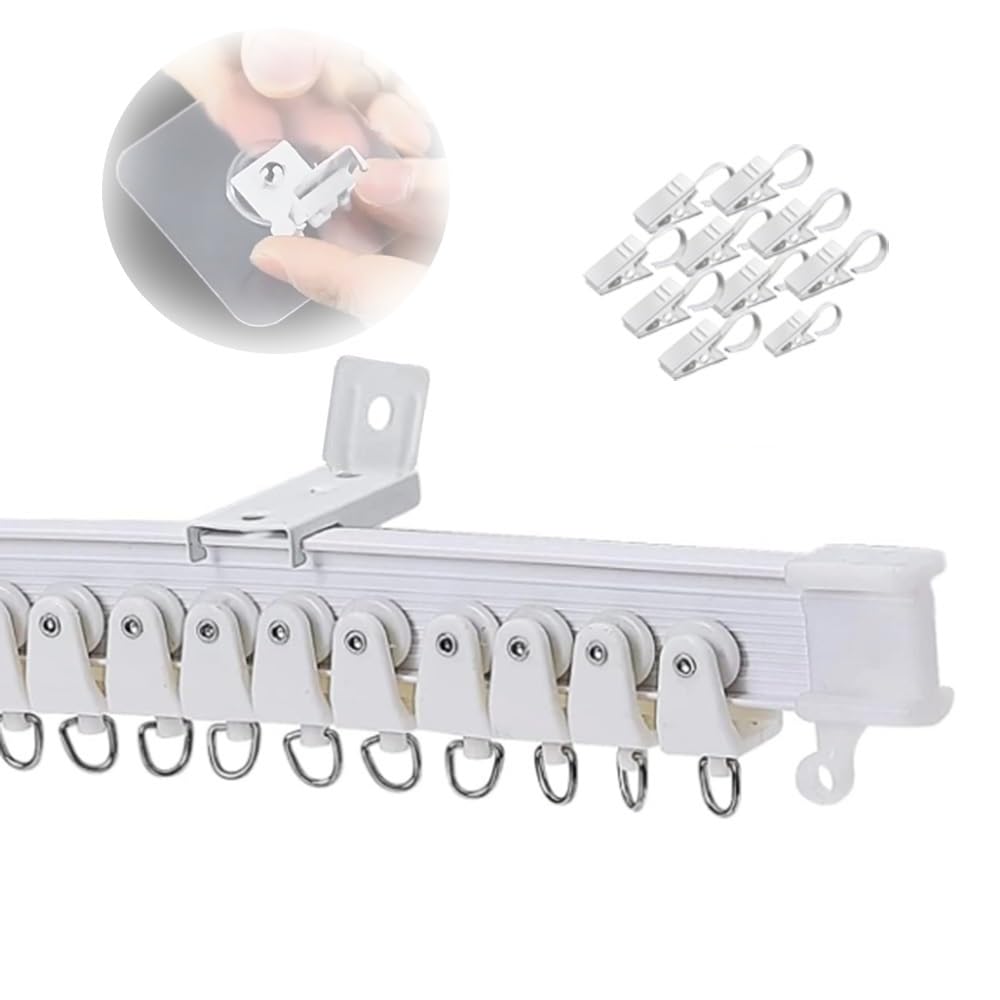 Selbstklebendes Aluminiumschienensystem – verstellbare Decken- und Wandhalterungsschiene mit Clips für einfaches Einschieben – ideal für Heimbüro, Fensterbehandlungen und Vorhänge