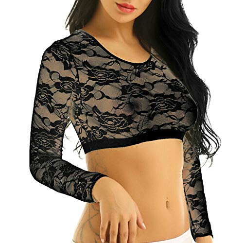 kemilove Women's Mesh Lace Fashion Slim Fit Lace Long Sleeve/Short Sleeve Sexy Sheer Blouse Mesh Lace Crop Top Shirt Black