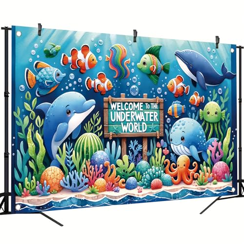 Image of Underwater World Backdrop Banner Ocean Party Decoration Cute Sea Animal Banner for Kids Birthday Baby Shower Photography Background Photo Booth Wall Decor 71 x43 Inch