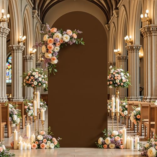 Image of Brown Arch Backdrop Cover 6.6FT Polyester Fitted Wedding Arch Stand Covers Round Top Chiara Arch Covers Stretchy Backdrop Cover for Birthday Party Ceremony Banquet Decoration