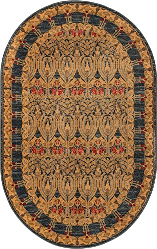 Image of Unique Loom Edinburgh Collection Area Rug - Canmore (5' 3 inch x 8' Oval, Navy Blue / Tan)