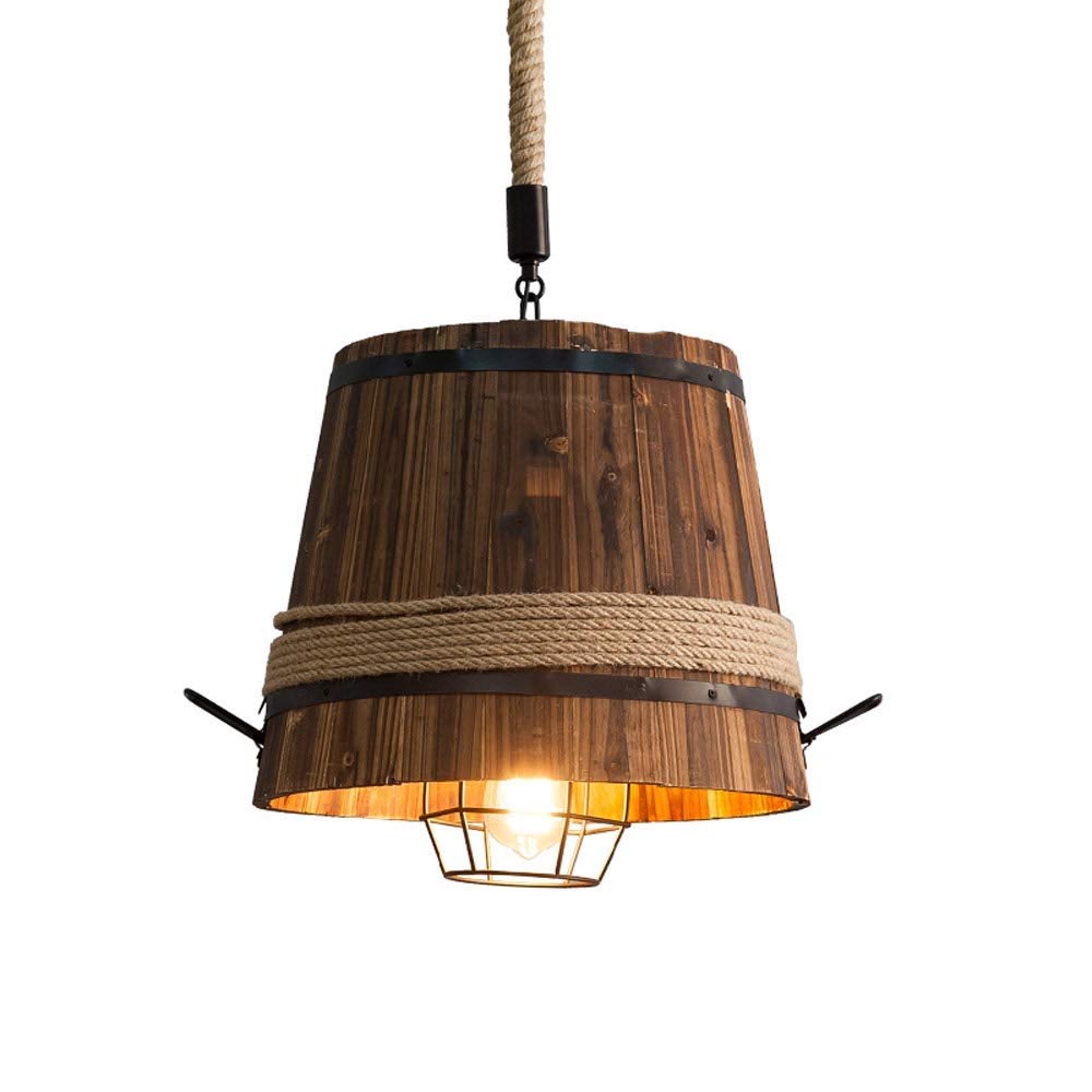 Lustre E27 rétro industriel en baril de bois avec corde de chanvre réglable