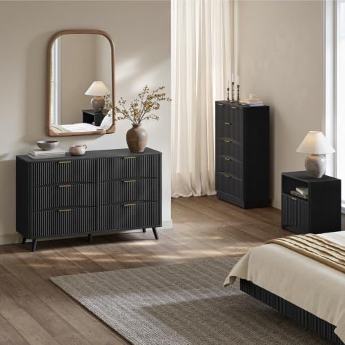 Image of Evermagin 54 inch Curved Fluted 6-Drawer Dresser, Mid-Century Modern Black