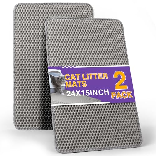 FURWEY Cat Litter Mat Double Layer Waterproof Urine Proof Trapping Mat 2 Pack (Gray, 24x15 Inch)