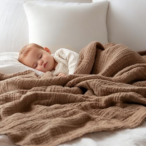 Image of EMME Muslin Blankets for Adults Throw Blanket for Couch Breathable Gauze Soft Lightweight Airy Brown Baby 40 inch x 50 inch