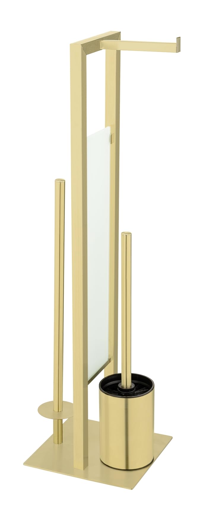 Stand Rivalta Gold - Escobillero de inodoro de pie 3 en 1 para papel higiénico, ruedas de repuesto y escobilla de inodoro, acero inoxidable, 18 x 70 x 23 cm, color dorado