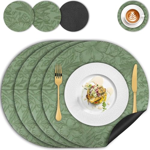 Tovagliette Americane Lavabili, Tovagliette Bifacciale Antiscivolo Colazione e Sottobicchieri Set di 4, Tovaglietta Rotonde Resistenti al Calore, Sottopiatti per Tavolo Della Cucina e Sala (Verde)