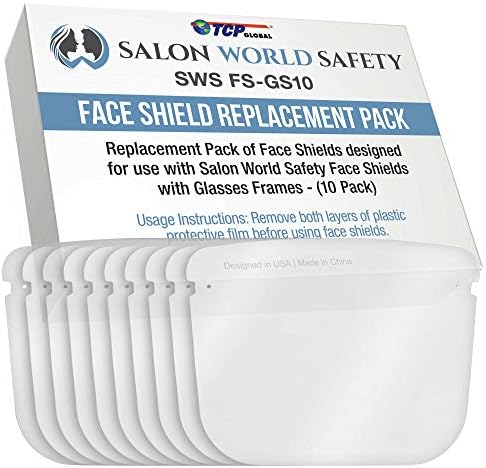 TCP Global Salon World Safety Replacement Face Shields Only (Pack of 10), Glasses Frames Not Included – Fits Most Brands, Ultra Clear, Full Face, Protect Eyes Nose Mouth, Anti-Fog PET Plastic, Goggles