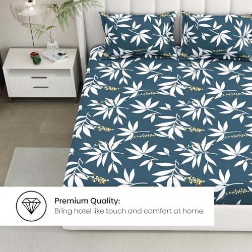 Image of Rivermoor 200 TC Ultrasoft Elastic Fitted Bedsheet for Double Bed | Queen Size Bed Sheet with 2 Pillow Covers | Blue White Printed| 72 x 78 x 10 Inches | Breathable & Hypoallergenic