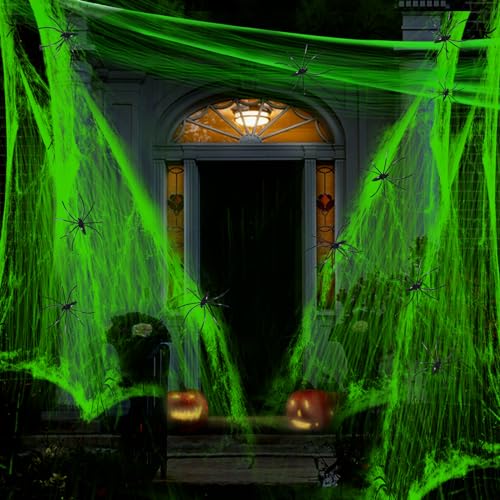 Feelorna Telaraña de Halloween, 60g Tela de araña Luminosa y 30 arañas para Halloween Decoraciones para Fiestas temáticas de Terror en Interiores y Exteriores