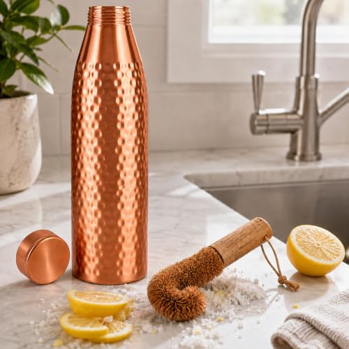 Image of Pure Copper Water Bottle 32 Oz with Carry Bag & Cleaning Brush, Wide Mouth Leak Proof Ayurvedic Drinking Bottle, Reusable Copper Bottle for Home Office Gym Travel