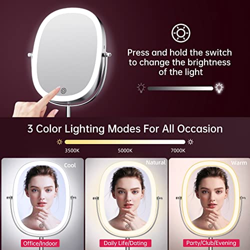 Lovespejo Lighted Makeup Mirror With Magnification, 9'' Vanity Mirror With Lights & 7X Magnifying Mirror, 2000 Mah Rechargeable Cordless Light Up Mirror, Personal Cosmetic Tabletop Mirror, Silver #TOP2