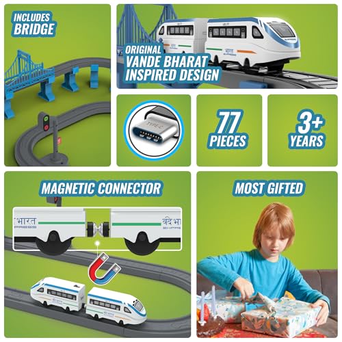 Image of BOOGYWOOGY Vande Bharat Express Toy Train Set | 77-Piece Battery-Operated Indian Railway Set with DIY Magnetic Tracks | Educational City Train Set for Kids 3, Multicolor
