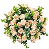 SHUOTAO Artificial Flowers Fake Silk Rose for Decoration 33 Heads Small Roses Blooming Faux Flower Bouquet with Stem for DIY Vase Home Wedding Party 3 Pack Champagne