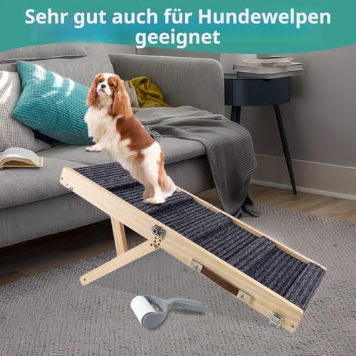Umtiti Haustierrampe aus Holz, zusammenklappbar, tragbar, 4 Stufen, verstellbar, 22,9 cm bis 43,9 cm, mit Rutschfester 5 Pfoten-Traktionsmatte für kleine, mittelgroße Hunde.Dog Ramps-GY,DE