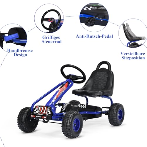 SOARS Gokart, Tretauto mit verstellbarem Sitz & Fußpedal, Go Kart mit Handbremse, Kinderspielfahrzeug Vorwärts- und Rückwärtsfunktion, Kinderfahrzeug bis 30 kg belastbar, für Kinder ab 3 Jahren (Blau) – Bild 5