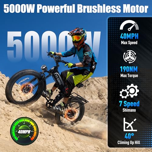 TT-EBIKE 5000W Dual Motor Folding Electric Bike Adults 40MPH with 52V 28AH Battery, 26x4 Fat Tire All Terrain Ebikes, Full Suspension E Bike, SHM 7-Speed Gear Electric Bicycle